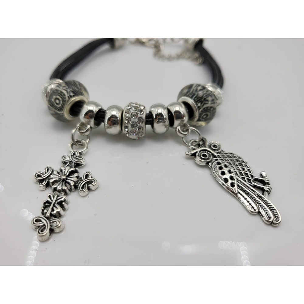 Women's Silver Tone Black Sparkle Cross Owl Charm Bracelet